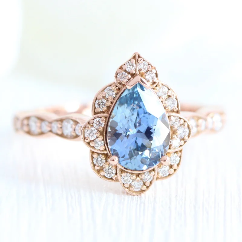 1.65 Ct Aqua Blue Sapphire Ring in 14k Rose Gold Vintage Floral Diamond, Size 6.25