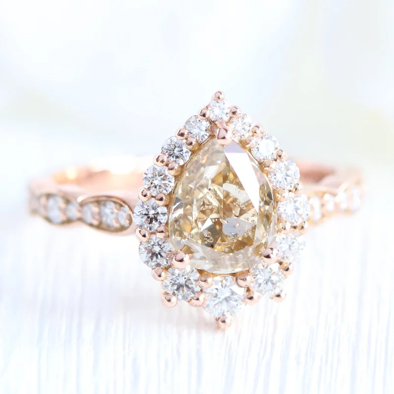 2.06 Ct Pear Champagne Diamond Ring in 14k Rose Gold Tiara Halo, Size 6.25