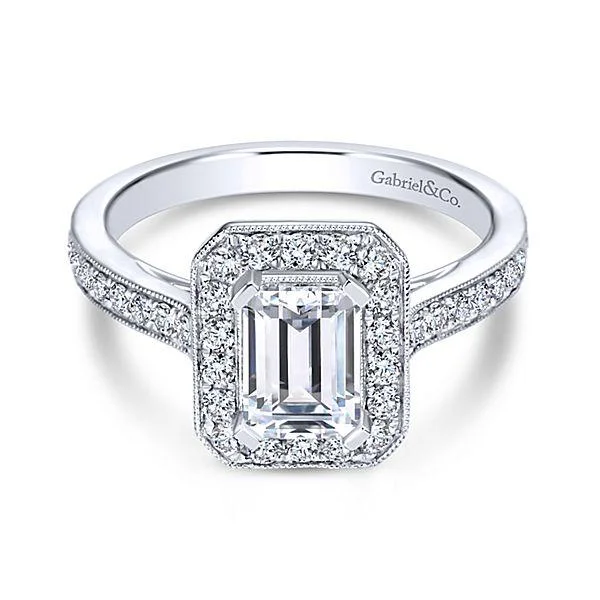 Bead Set Halo Emerald Cut Diamond Ring .49Cttw 14K Gold 83A