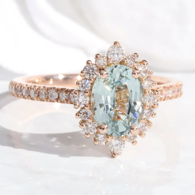 2.06 Ct Oval Aqua Green Sapphire Ring in 14k Rose Gold Halo Diamond Pave, Size 6.25