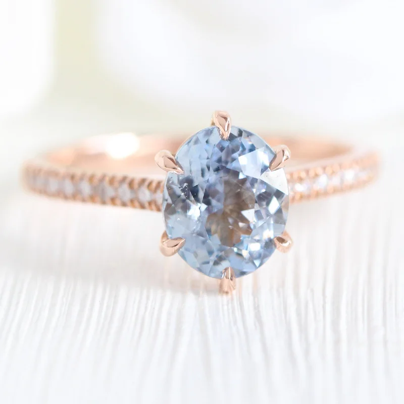 2.02 Ct Oval Aqua Blue Sapphire Diamond Ring in 14k Rose Gold Grace Solitaire, Size 6.25