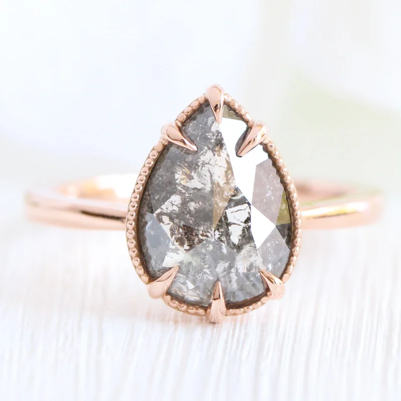 1.86 Ct Pear Salt and Pepper Diamond Ring in 14k Rose Gold Vintage Solitaire Ring, Size 6.5