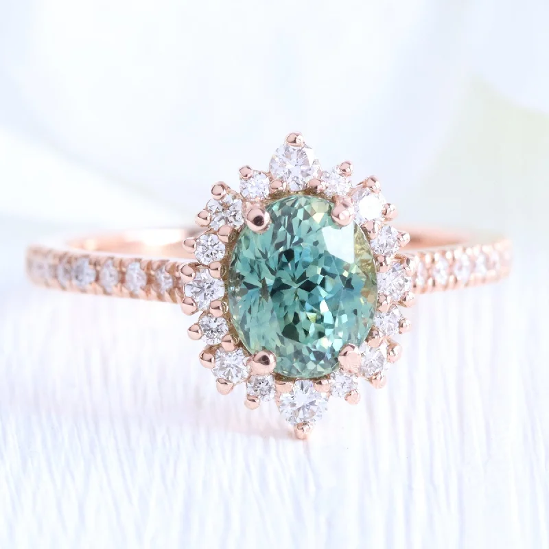 2.32 Ct Natural Green Sapphire Ring in 14k Rose Gold Tiara Halo Diamond, Size 6.5