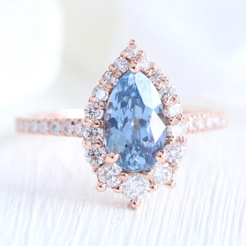 2.57 Ct Pear Aqua Blue Sapphire Ring in 14k Rose Gold Tiara Halo Diamond, Size 6.25