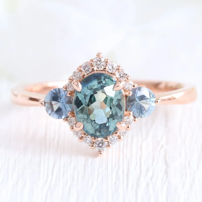 1.97 Ct Teal Green Sapphire 3 Stone Ring in 14k Rose Gold Halo Diamond, Size 6.5