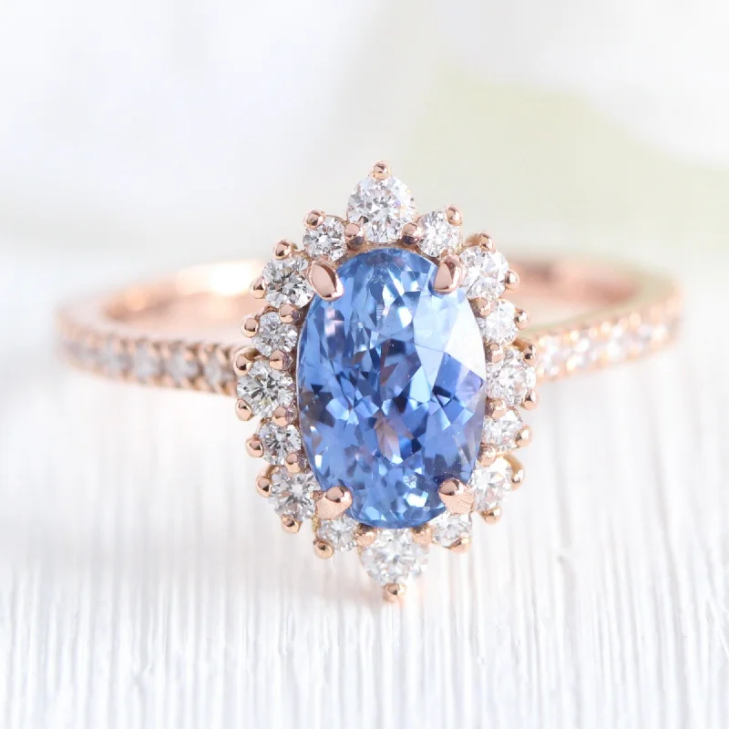 2.5 Ct Oval Ceylon Blue Sapphire Ring in 14k Rose Gold Tiara Halo Diamond, Size 6.25