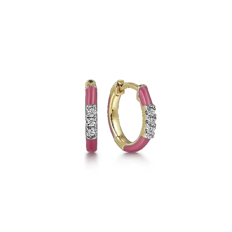 14K Yellow Gold Diamond Classic Huggie with Pink Enamel