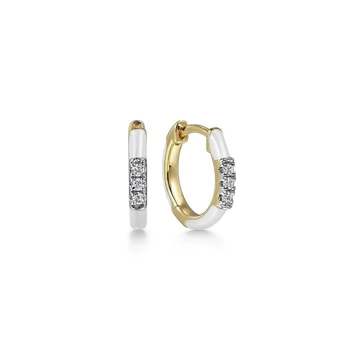 14K Yellow Gold Diamond Classic Huggie with White Enamel