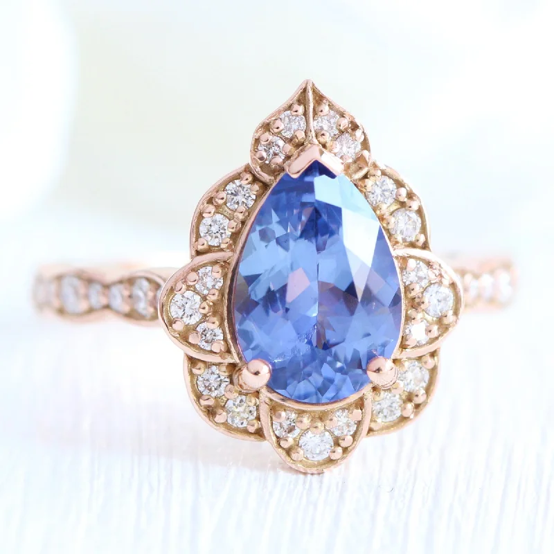 2.46 Ct Large Ceylon Blue Sapphire Ring in 14k Rose Gold Vintage Floral Diamond, Size 6.25