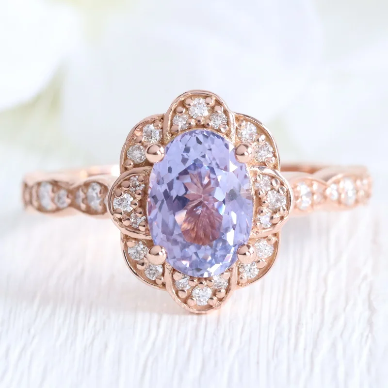 2.16 Ct Lavender Sapphire Diamond Ring in 14k Rose Gold Vintage Floral Style, Size 6.5