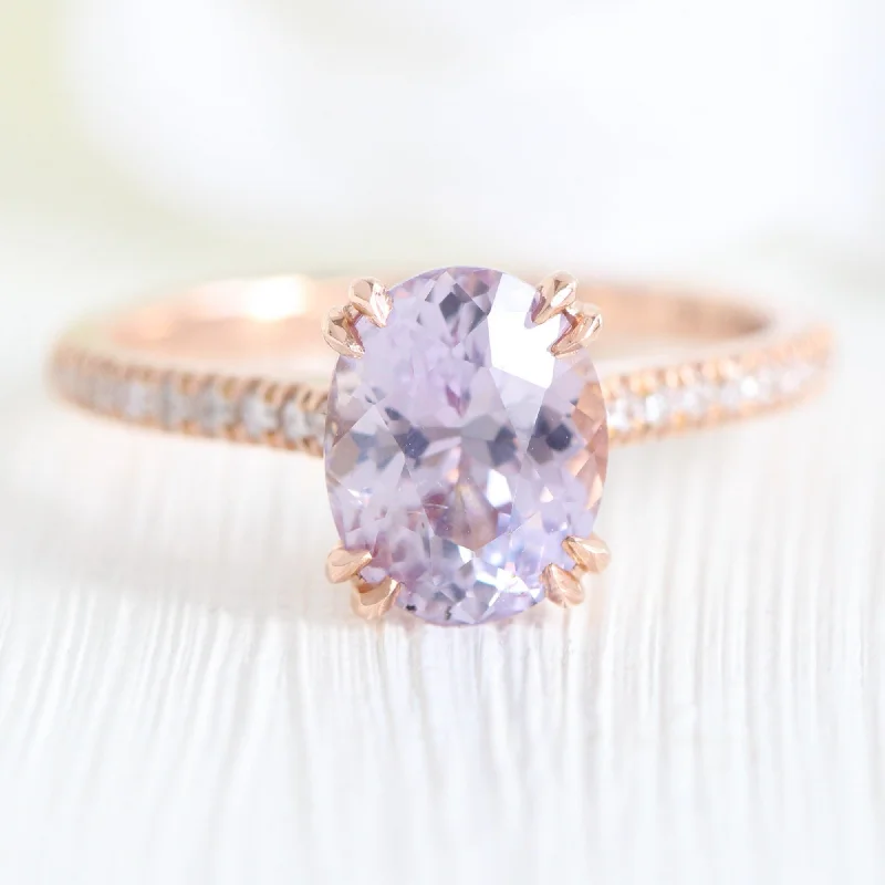 2.28 Ct Oval Lavender Sapphire Diamond Ring in 14k Rose Gold Grace Solitaire, Size 6