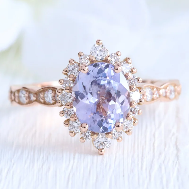 2.35 Ct Oval Lavender Sapphire Ring in 14k Rose Gold Tiara Halo Diamond, Size 6.5