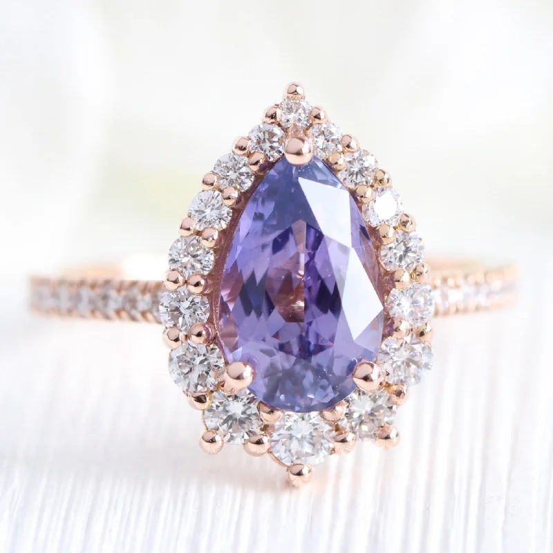 3.05 Ct Large Pear Purple Sapphire Ring in 14k Rose Gold Tiara Halo Diamond, Size 6.25