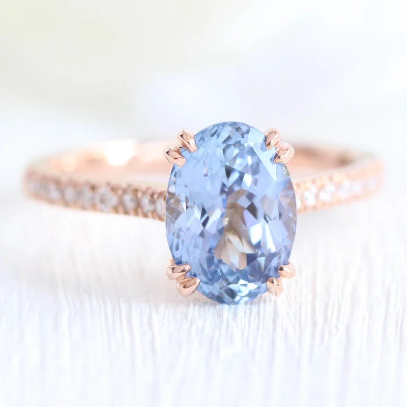 2.9 Ct Large Oval Aqua Blue Sapphire Ring in 14k Rose Gold Pave Diamond Band, Size 6.25