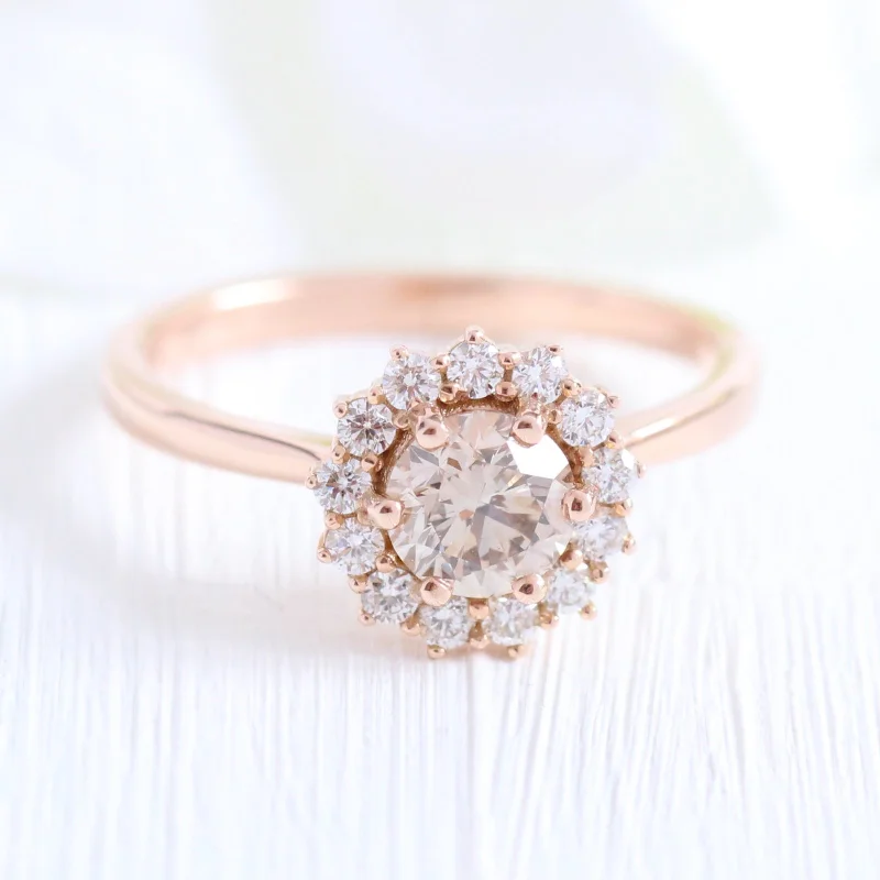 1 Ctw Champagne Diamond Ring in 14k Rose Gold Large Halo, Size 6.25