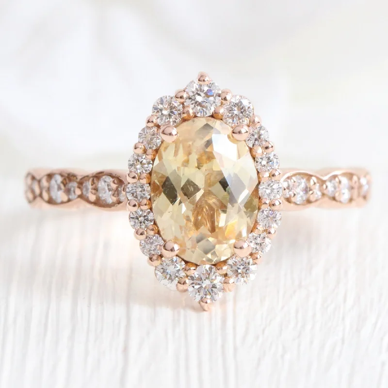 Champagne Yellow Sapphire Ring in 14k Rose Gold Tiara Halo Diamond, Size 6.75