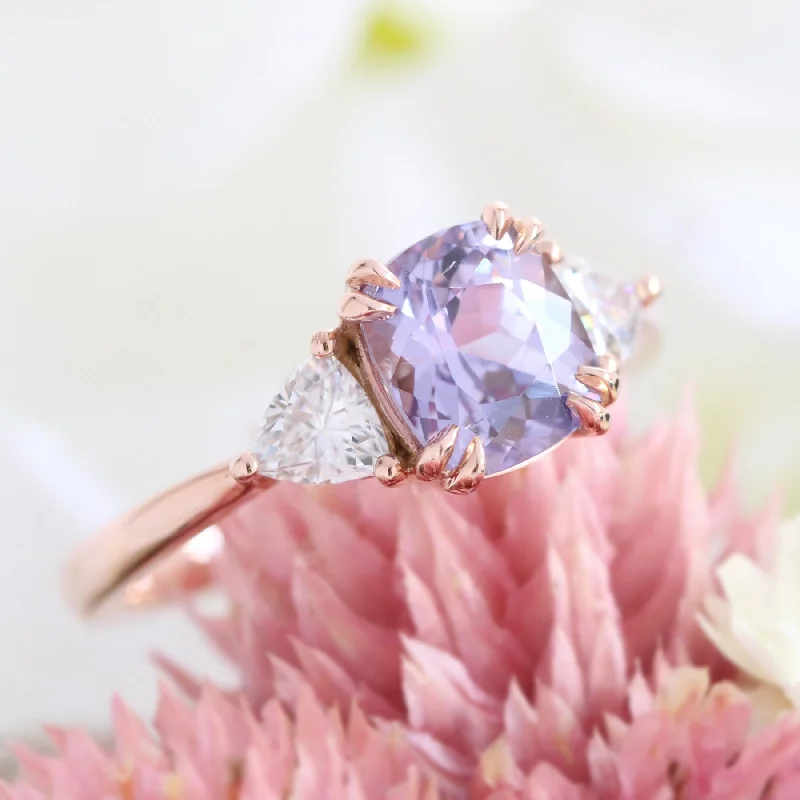 2.23 Ct Cushion Lavender Sapphire Ring in 14k Rose Gold 3 Stone Ring, Size 6.25