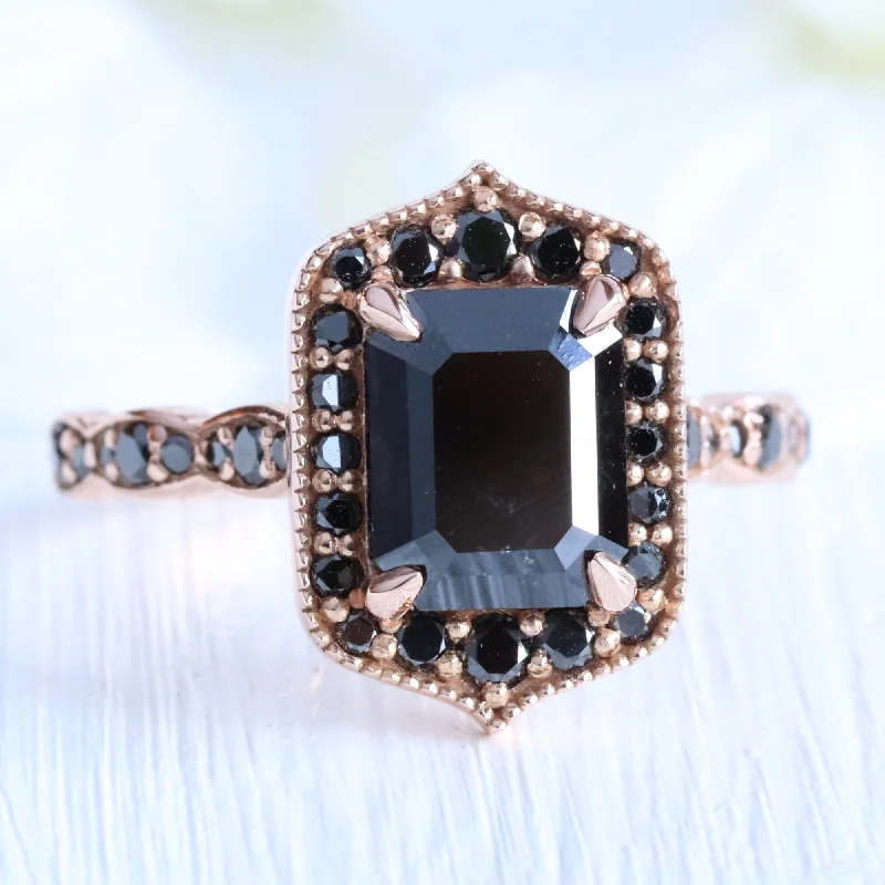 Emerald Cut ALL Black Diamond Ring in 14k Rose Gold Vintage Floral Ring, Size 6.25