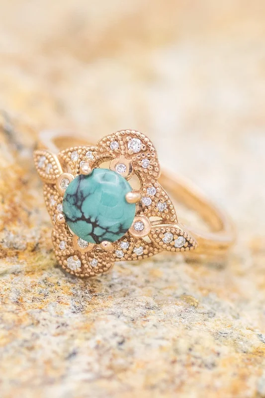 "FLORENCE" - ROUND CUT TURQUOISE ENGAGEMENT RING WITH DIAMOND ACCENTS