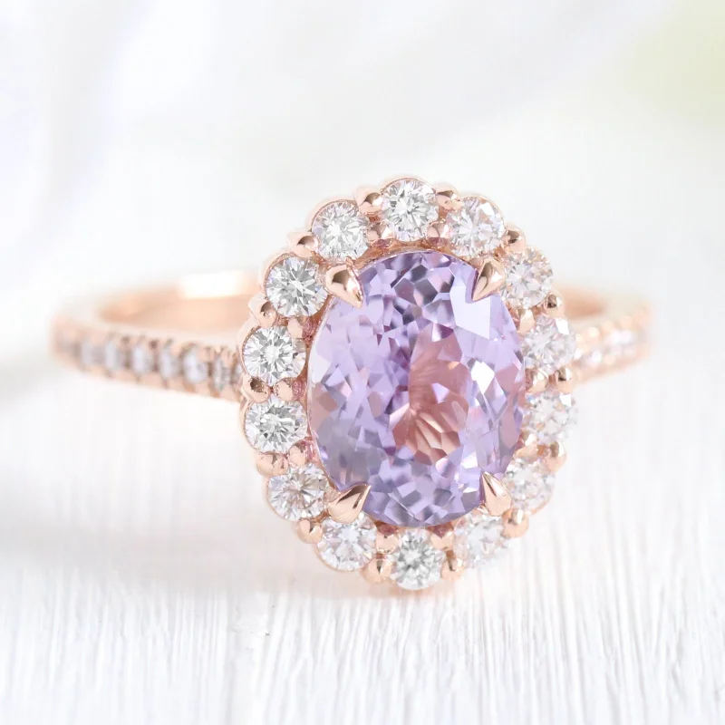 3.21 Ct Large Lavender Sapphire Ring in 14k Rose Gold Halo Pave Diamond, Size 6.25