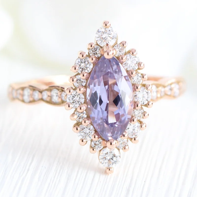 2.32 Ct Rare Marquise Lavender Sapphire Ring in 14k Rose Gold Tiara Halo Diamond, Size 6.25