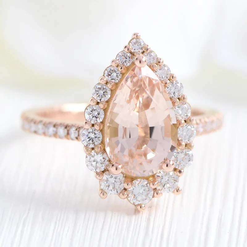 2.91 Ct Large Pear Morganite Diamond Ring in 14k Rose Gold Tiara Halo Pave Band, Size 6.25