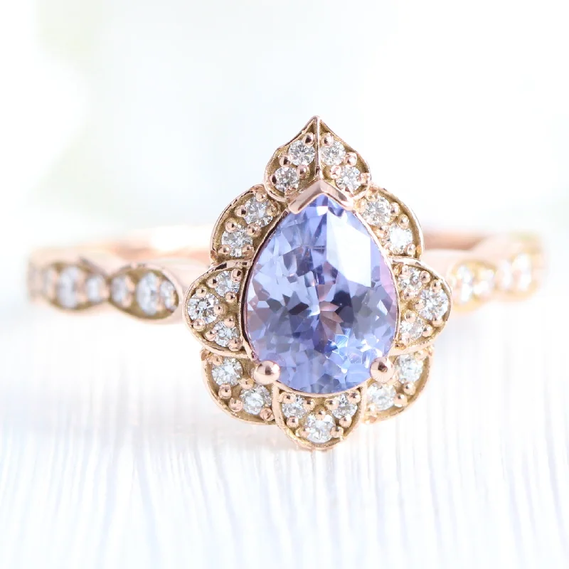 1.57 Ct Lavender Purple Sapphire Ring in 14k Rose Gold Vintage Floral Diamond, Size 6.25