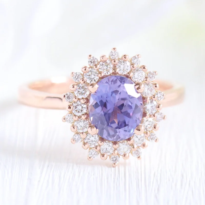 1.89 Ct Oval Lavender Sapphire Ring in 14k Rose Gold Double Halo Diamond, Size 6