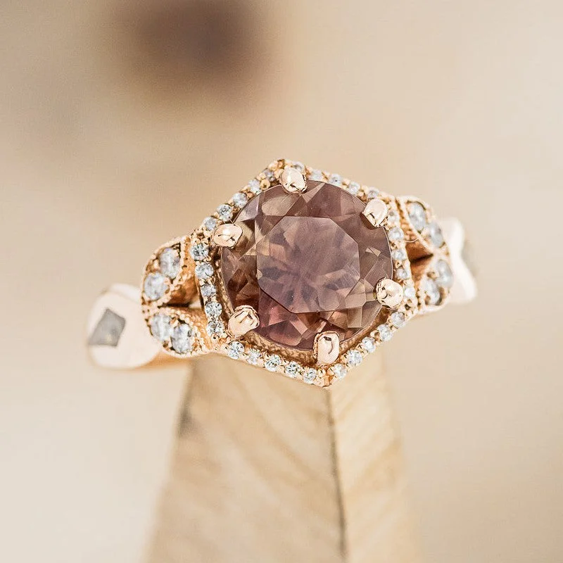 "LUCY IN THE SKY" - ROUND CUT OREGON SUNSTONE ENGAGEMENT RING WITH DIAMOND ACCENTS & FIRE AND ICE OPAL INLAYS