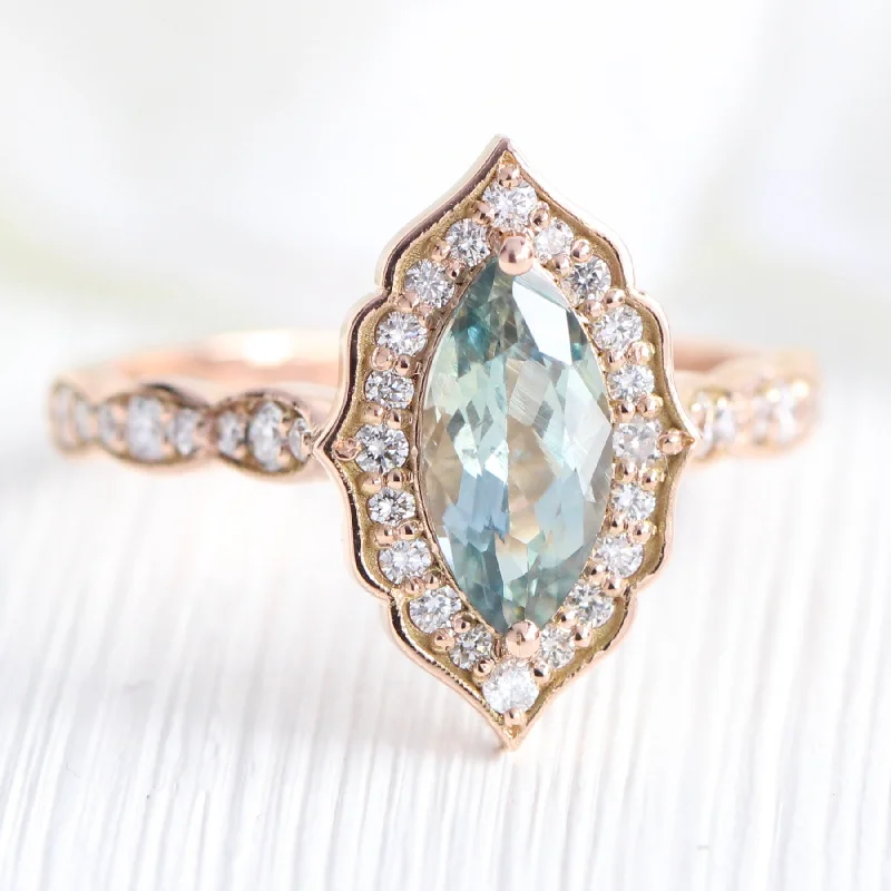 Marquise Green Sapphire Ring in 14k Rose Gold Vintage Floral Diamond Ring, Size 6.25