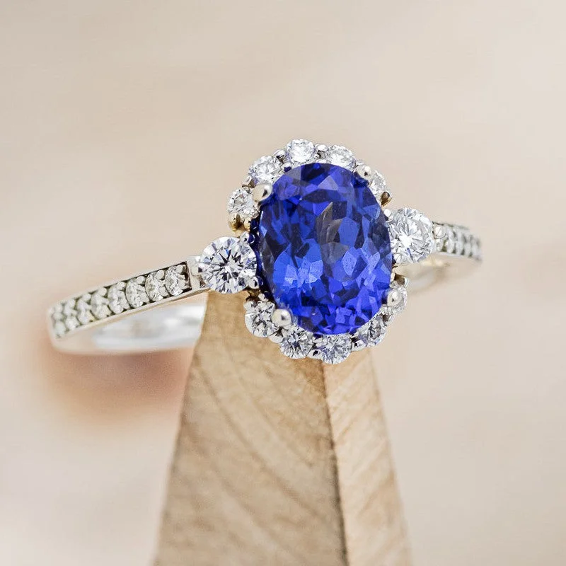 "OPHELIA" - OVAL LAB-GROWN SAPPHIRE ENGAGEMENT RING WITH DIAMOND ACCENTS