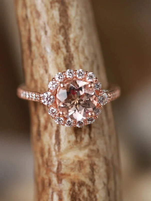 "OPHELIA" - ROUND CUT MORGANITE ENGAGEMENT RING WITH DIAMOND HALO & ACCENTS