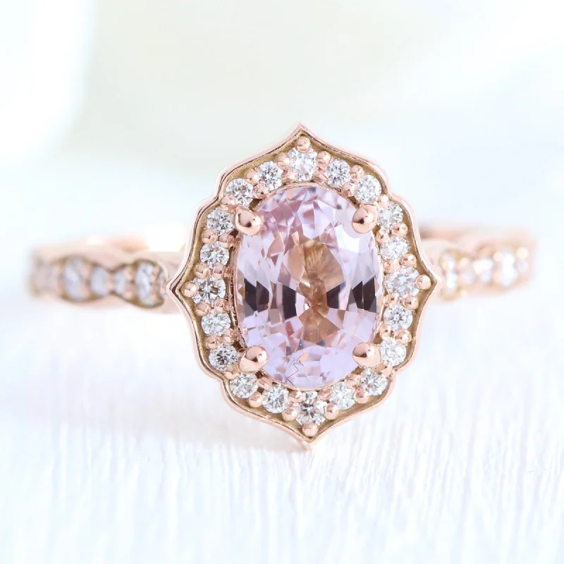 Oval Pastel Padparadscha Sapphire Ring in 14k Rose Gold Vintage Floral Diamond, Size 6.25