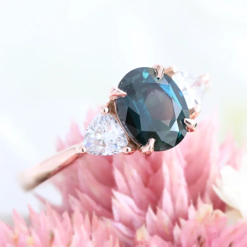 1.93 Ct. Oval Teal Green Sapphire Ring in 14k Rose Gold 3 Stone Ring, Size 6.25