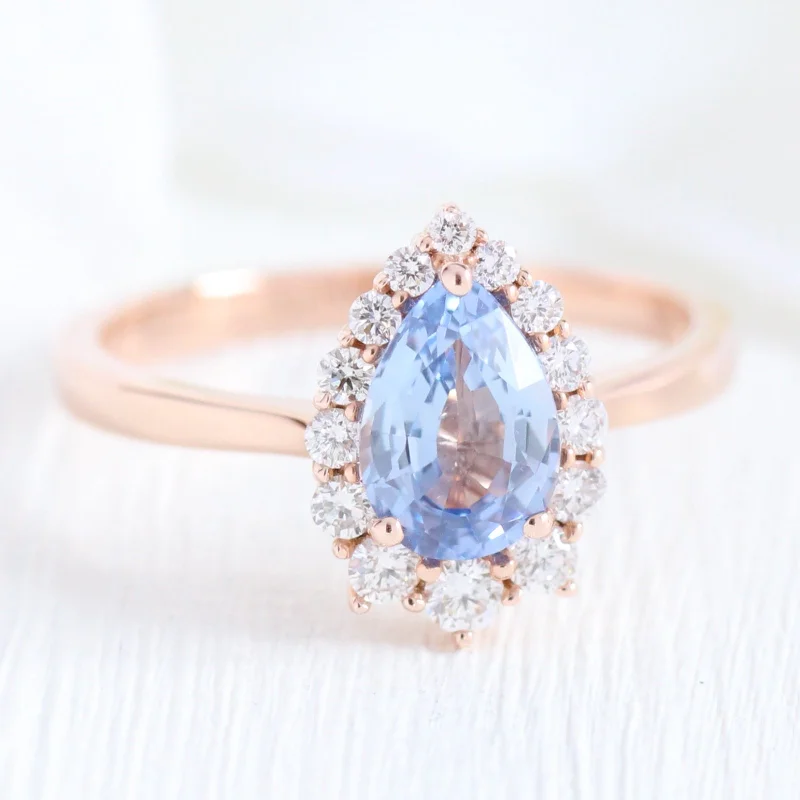 1.56 Ct Pear Aqua Blue Sapphire Ring in 14k Rose Gold Tiara Halo Diamond, Size 6.25