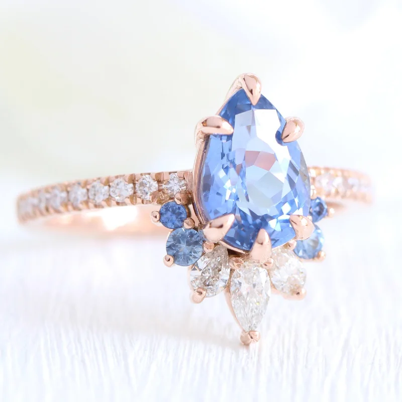 2.30 Ct Pear Aqua Blue Sapphire Ring in 14k Rose Gold Peacock Ring, Size 6.25