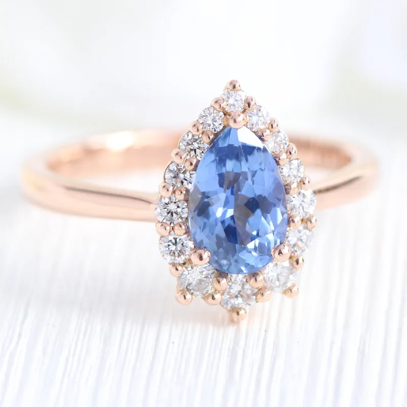 1.68 Ct Pear Ceylon Blue Sapphire Ring in 14k Rose Gold Tiara Halo Diamond, Size 6.25