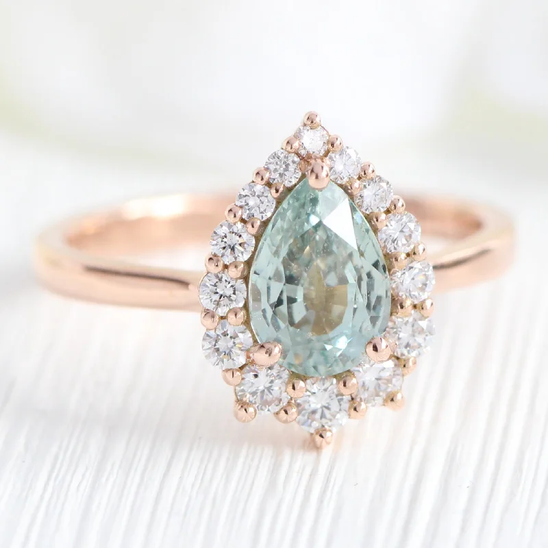 1.82 Ct Pear Sea-Foam Green Sapphire Ring in 14k Rose Gold Tiara Halo Diamond, Size 6.5