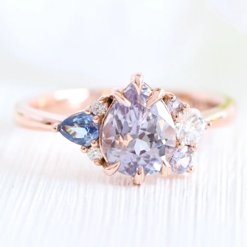 1.92 Ct. Pear Lavender Sapphire Ring in 14k Rose Gold Cluster Diamond Ring, Size 6.5