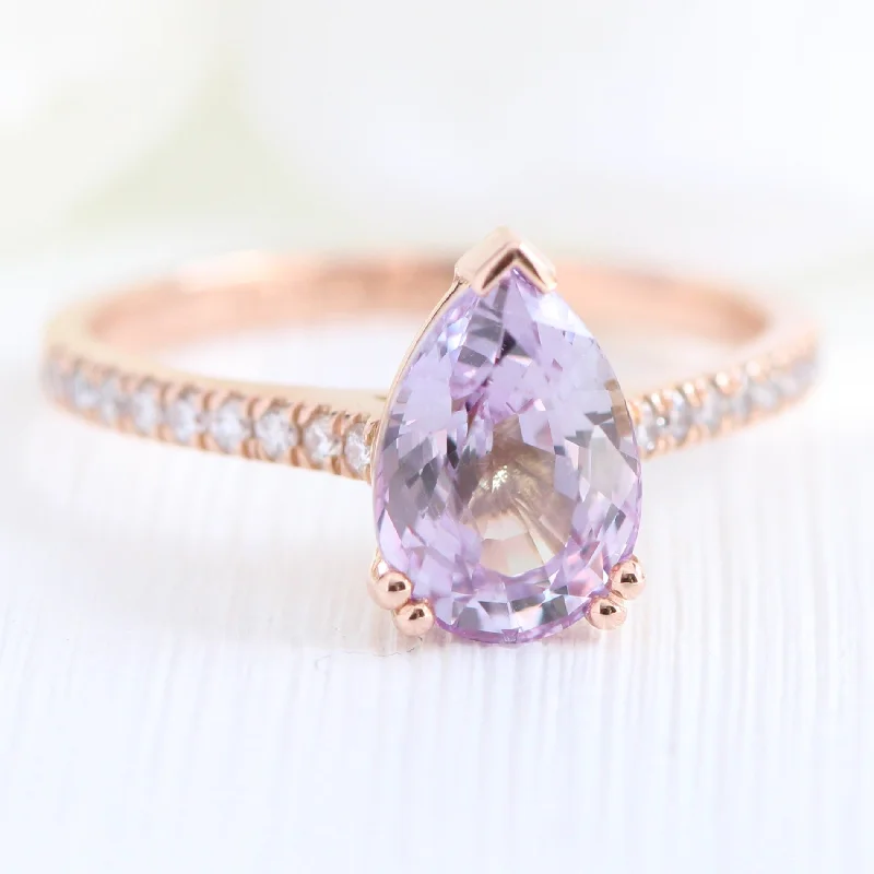 2.39 Ct. Pear Lavender Sapphire Ring in 14k Rose Gold Pave Diamond Band, Size 6.25