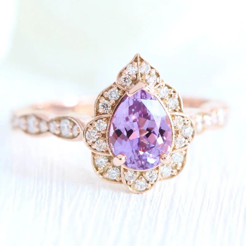 1.5 Ct Pear Pinkish Purple Sapphire Ring in 14k Rose Gold Vintage Floral Diamond, Size 6.25