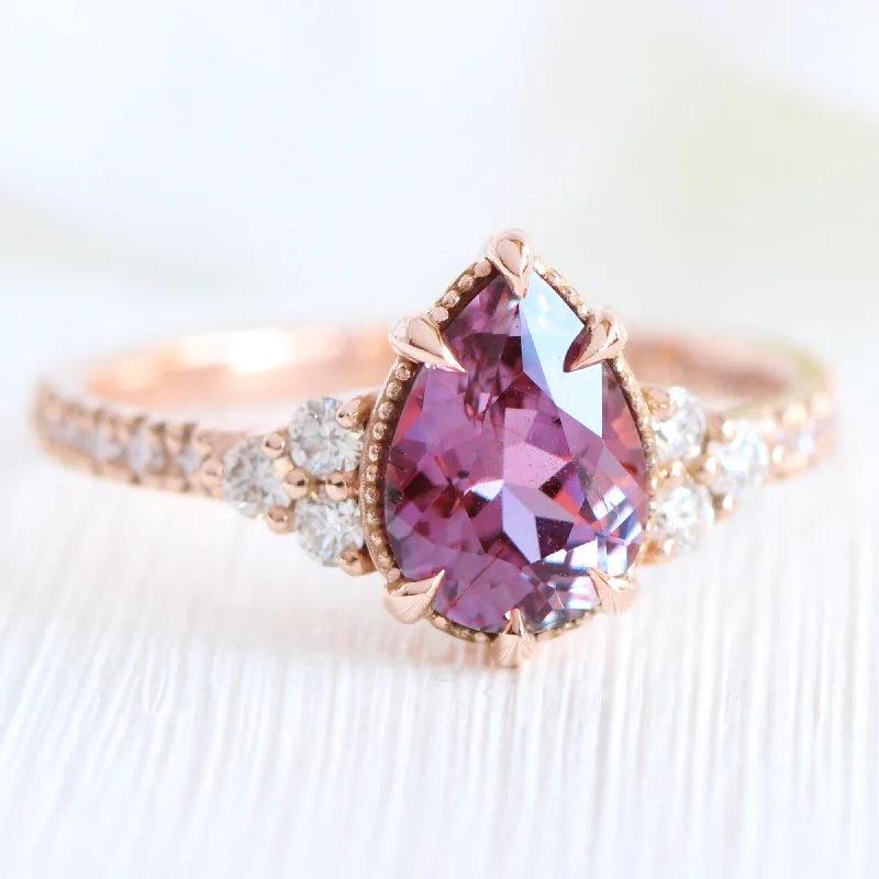 1.88 Ct. Pear Pinkish Purple Sapphire Ring in 14k Rose Gold Vintage 3 Diamond Band, Size 6.5