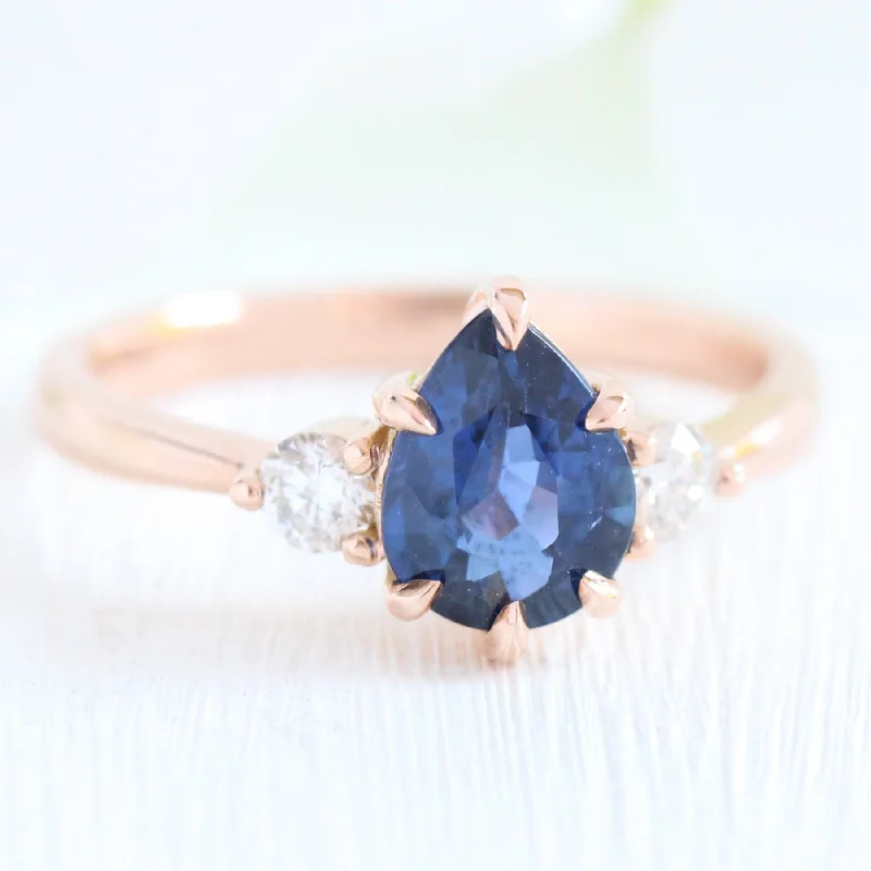 1.70 Ct Pear Blue Sapphire Ring in 14k Rose Gold 3 Stone Diamond Ring, Size 6