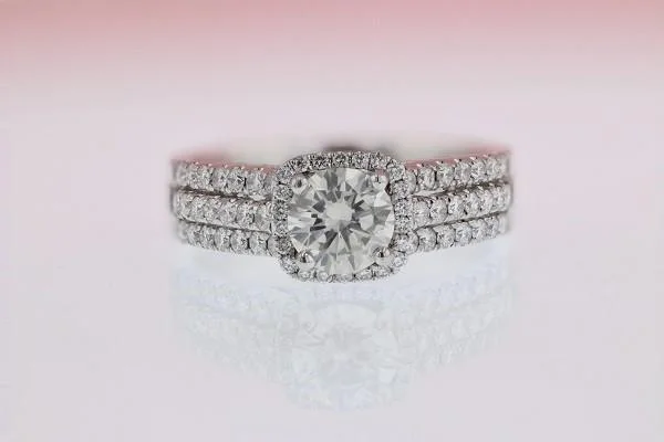 Triple Row Pave Halo Diamond Platinum Engagement Ring