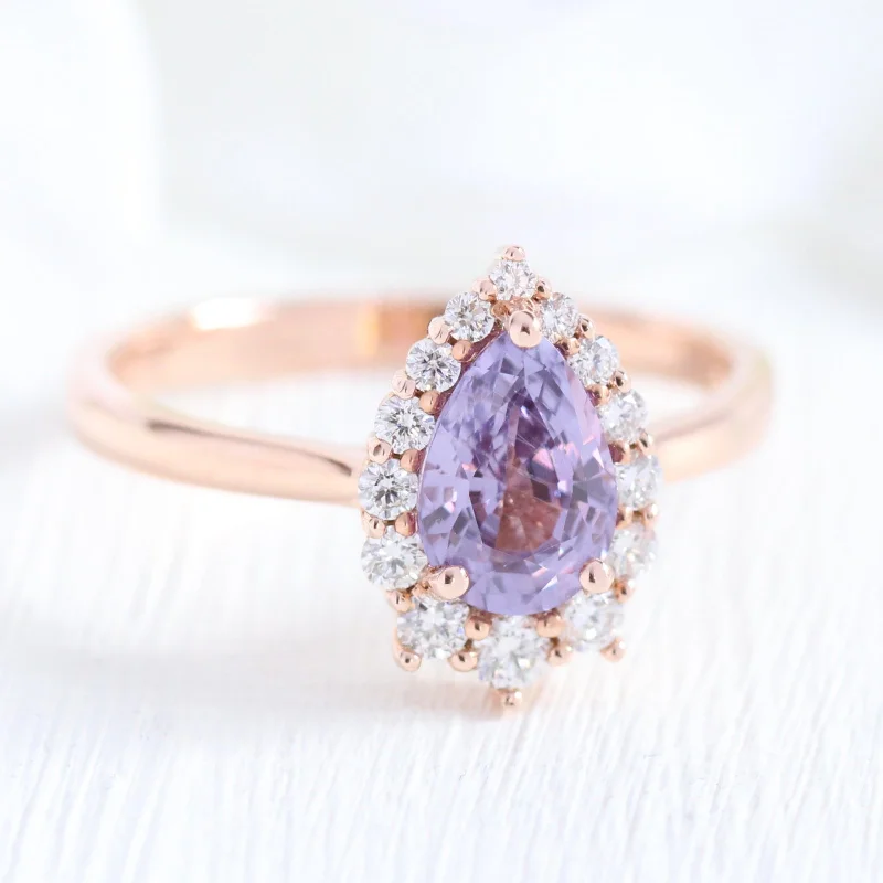 1.62 Ct Lavender Purple Sapphire Ring in 14k Rose Gold Tiara Halo Diamond, Size 6.5