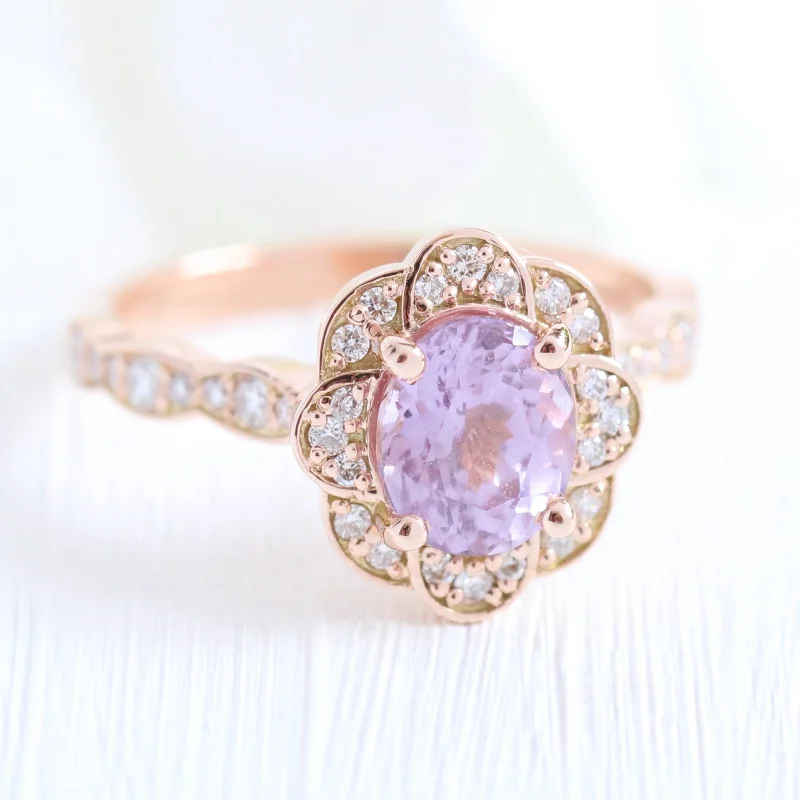 2.08 Ct Lavender Purple Sapphire Ring in 14k Rose Gold Vintage Floral Diamond, Size 6.25