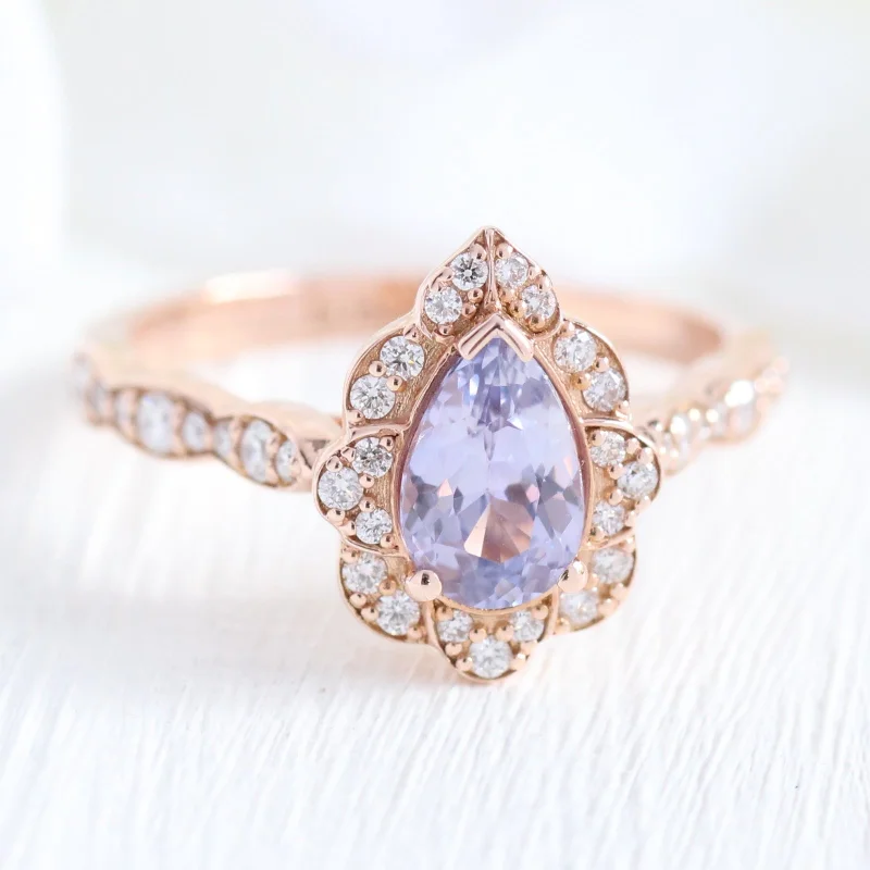 1.32 Ct Pear Cut Lavender Sapphire Ring in 14k Rose Gold Vintage Floral Diamond, Size 6