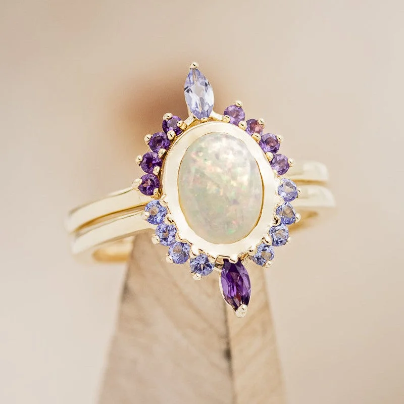 "RAPUNZEL" - OVAL OPAL ENGAGEMENT RING WITH AMETHYST & TANZANITE ACCENTS & MATCHING TRACER