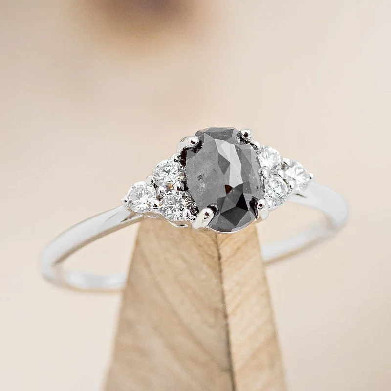 "RHEA" - OVAL ROSECUT SALT & PEPPER DIAMOND ENGAGEMENT RING WITH DIAMOND ACCENTS