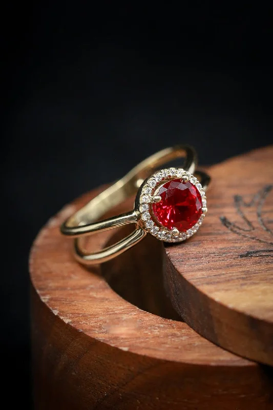 ROUND CUT LAB-GROWN RUBY ENGAGEMENT RING WITH DIAMOND HALO